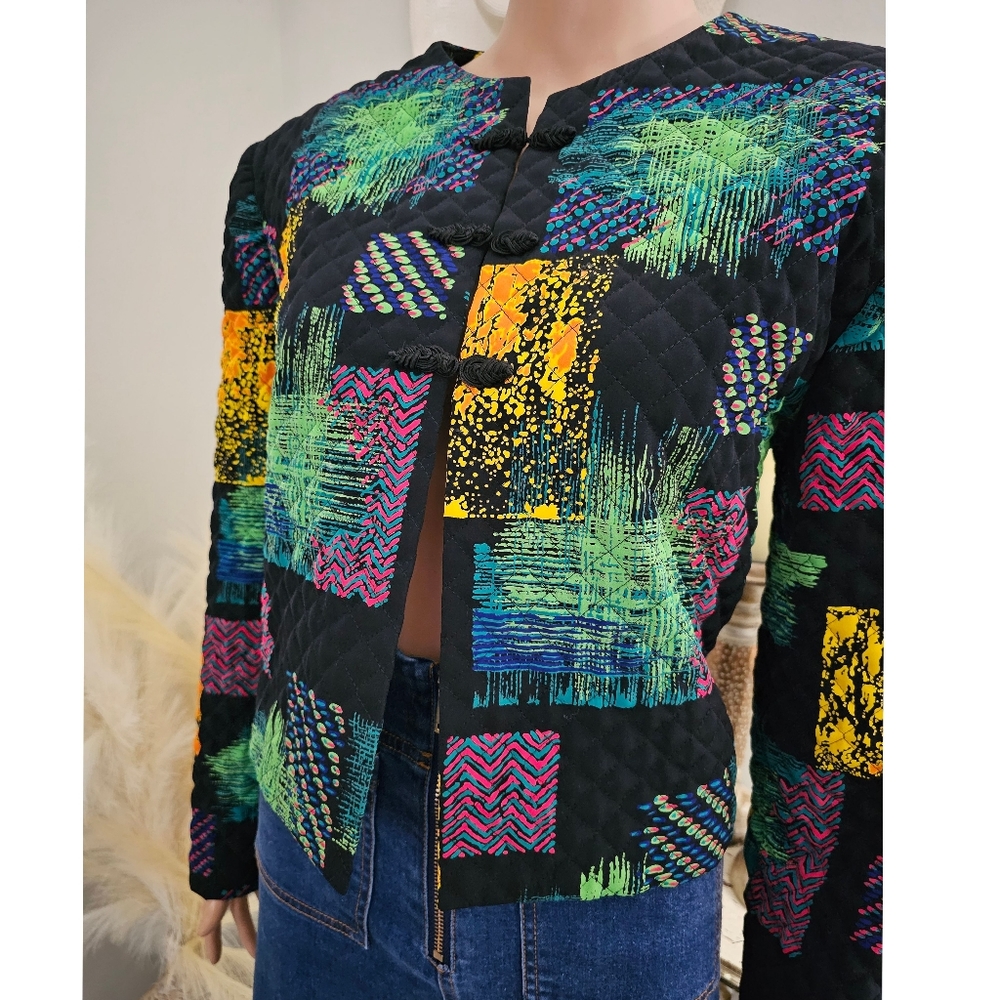 Doncaster Black Multicolored Patch Crop Quilted J… - image 1